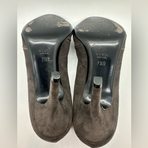 Gucci Women's Brown Suede Gold Lines Slip On Heel with Knot 7.5B 186645 - Picture 6 of 9